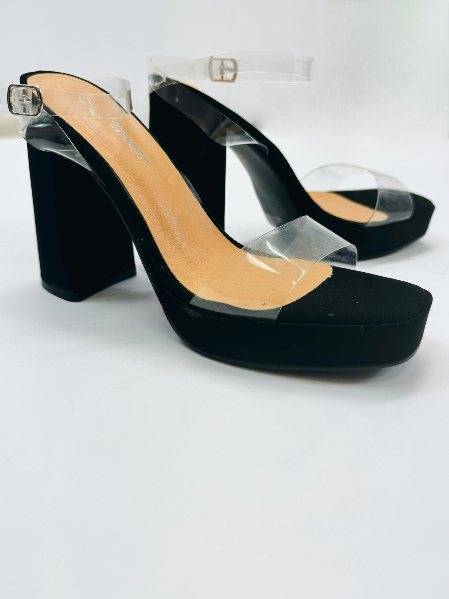 Upside-21 Clear Strap Heels Across The Toe And Clear Ankle Strap With Black Heel